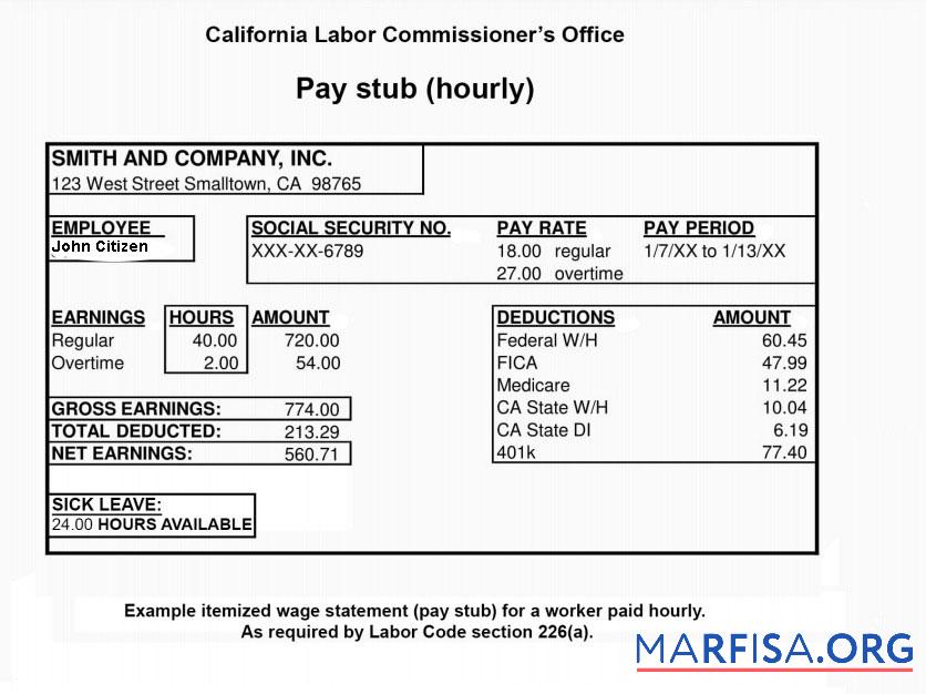 Realistic California Labor Commissioner's office paystub real example